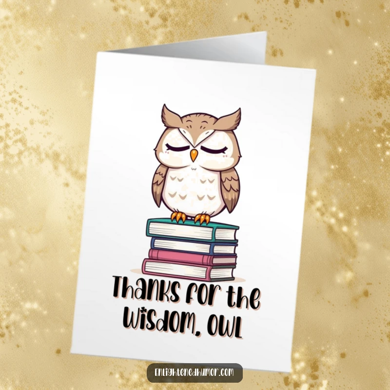 Free Printable wise owl sitting on books, eyes closed, perfect for a thank you card.