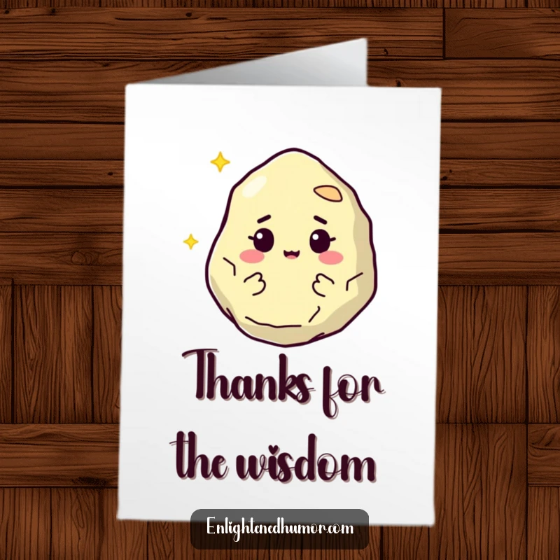 Funny Free Printable Philosopher Stone Thank You Card: Wise stone character offering a glowing gem, perfect downloadable gift.