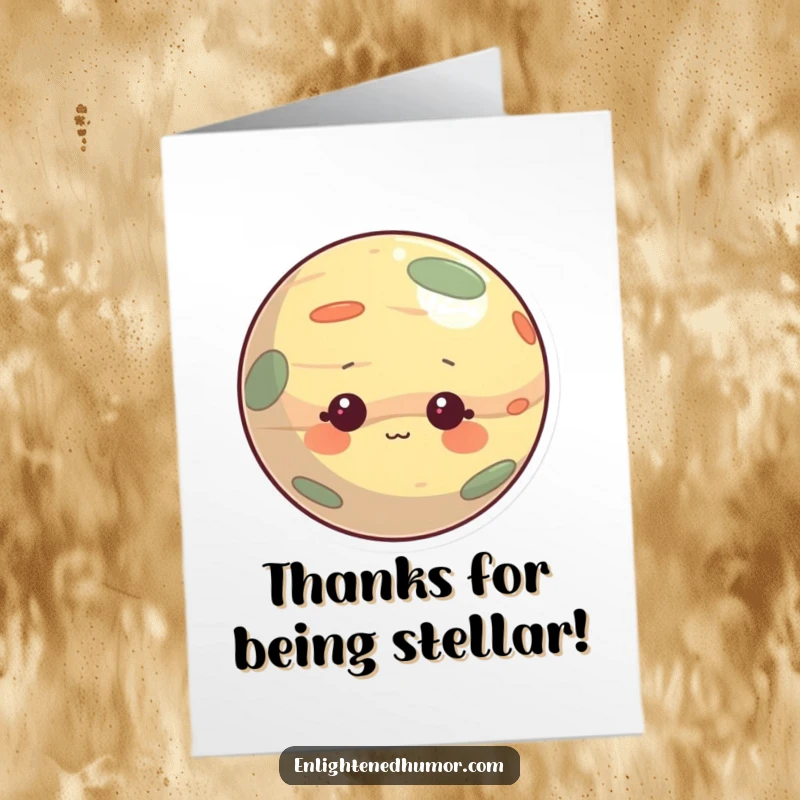 Funny Free Printable Planet Thank You Card: Curious character offering a small gift, perfect for a downloadable gift.