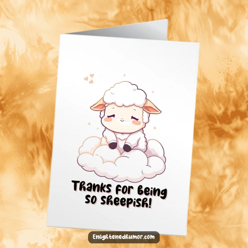 Free Printable Thank You Card: Calm sheep character dreams peacefully amongst soft, fluffy clouds and gentle light.