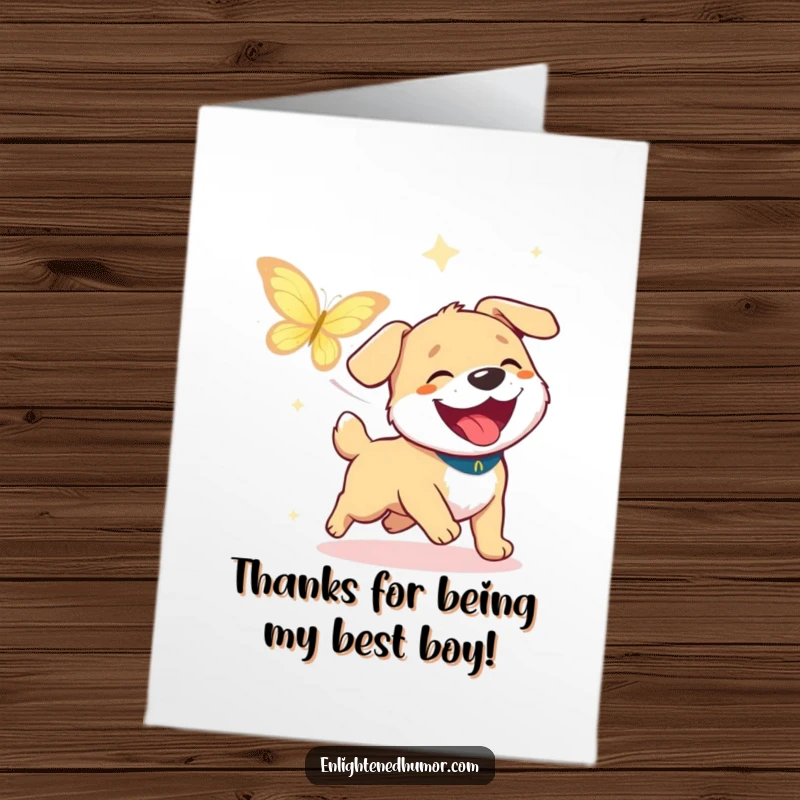 Funny Free Printable Thank You Card: A happy dog enthusiastically chases a butterfly of enlightenment.