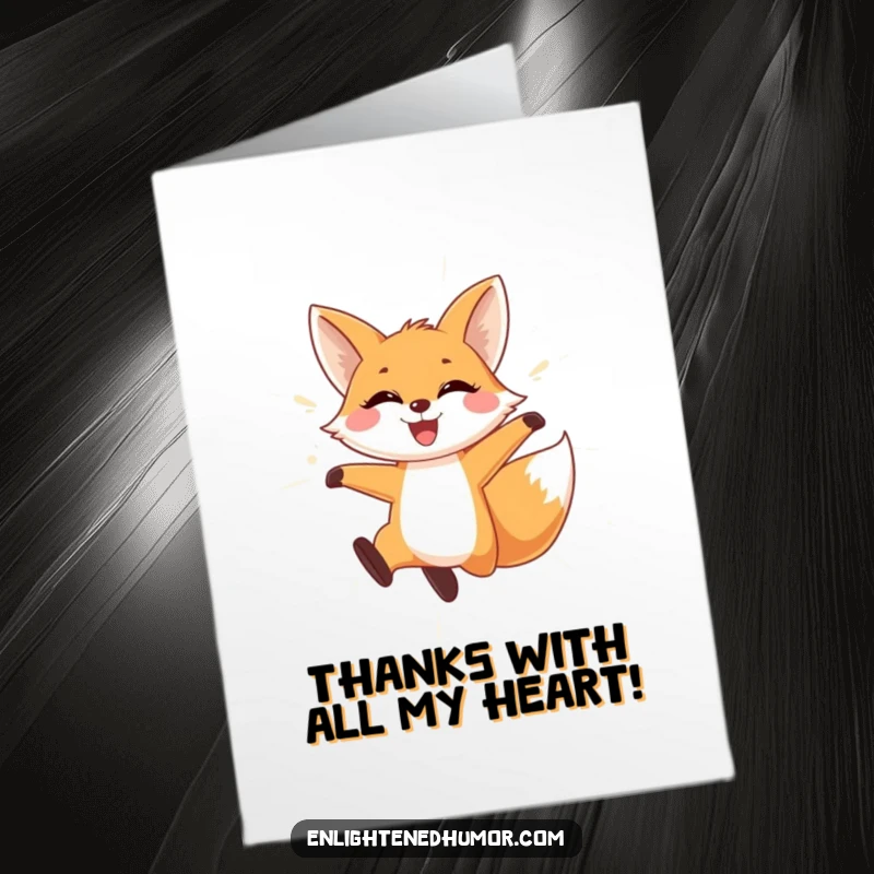 Funny Free Printable Thank You Card: A playful fox with a wide smile leaps through a shimmering curtain of light, expressing thanks.