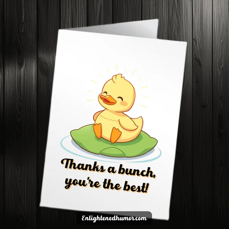 Funny Free Printable Thank You Card: A content duck on a lily pad radiates gentle light, expressing thanks.