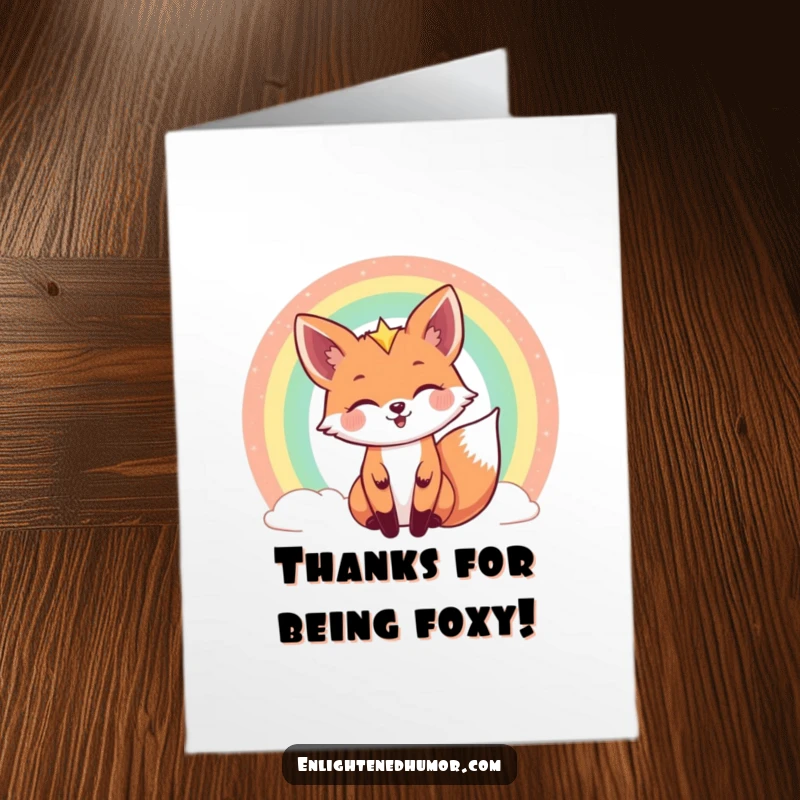 Funny Free Printable thank you card: A joyful celestial fox peeks from behind a shimmering rainbow, sending colorful thanks with a cheerful expression.