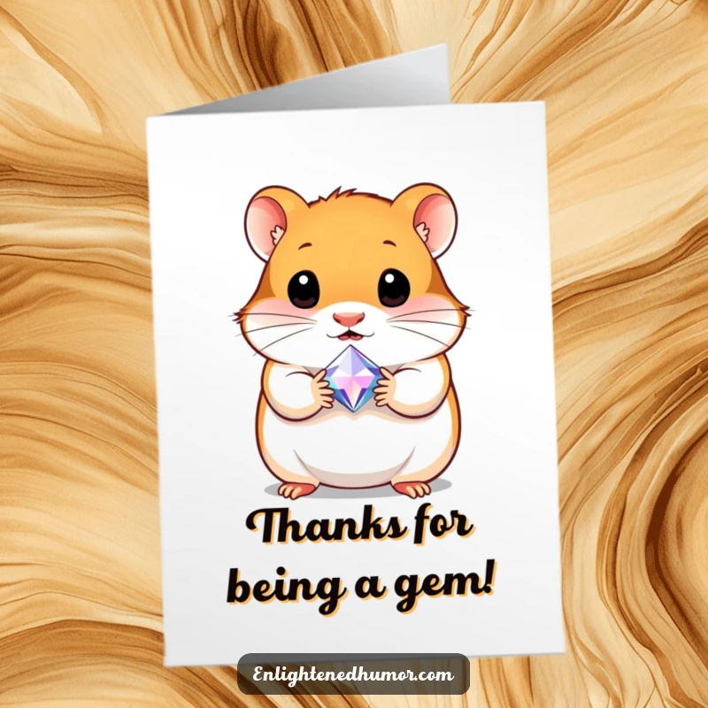 Free Printable curious hamster holding a tiny radiant gem, perfect for a thank you card.