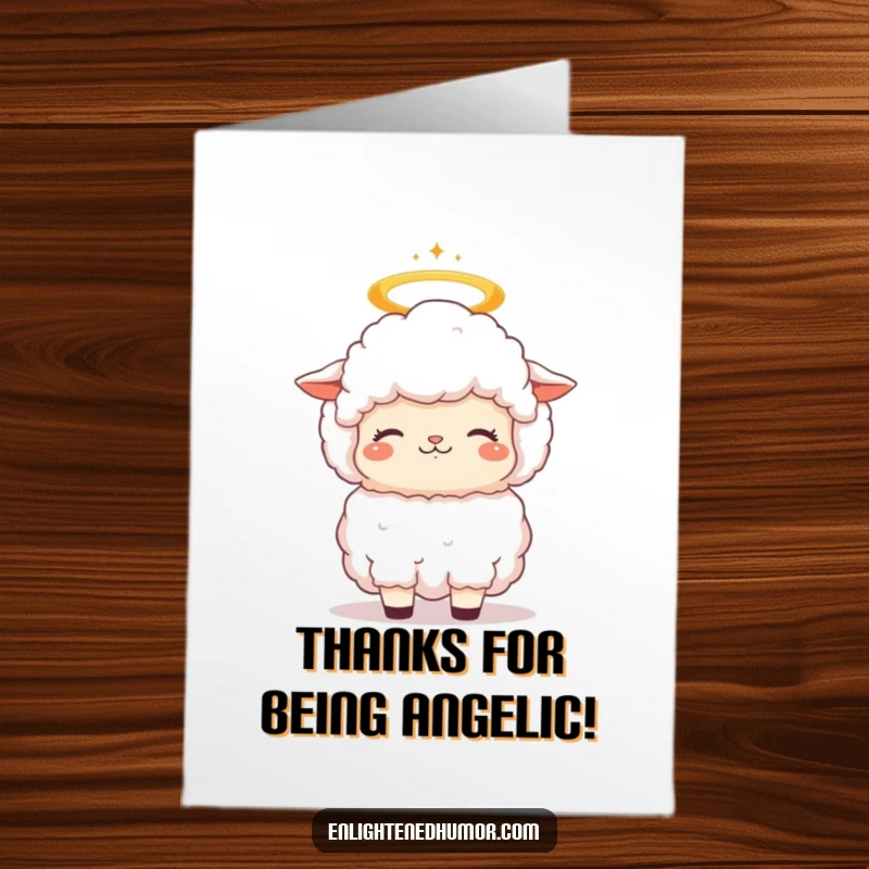 Funny Free Printable Thank You Card: A fluffy kawaii sheep with a halo bobs its head in peaceful, contemplative bliss.