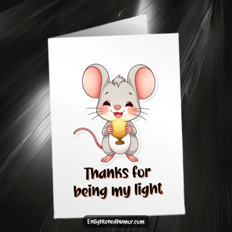 Funny free printable thank you card showing a beaming mouse holding a radiant luminous orb, perfect for expressing gratitude.