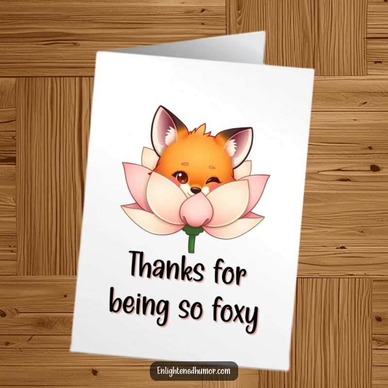 Funny free printable thank you card, a curious fox peeking from behind a lotus, conveying shy but sincere thanks.