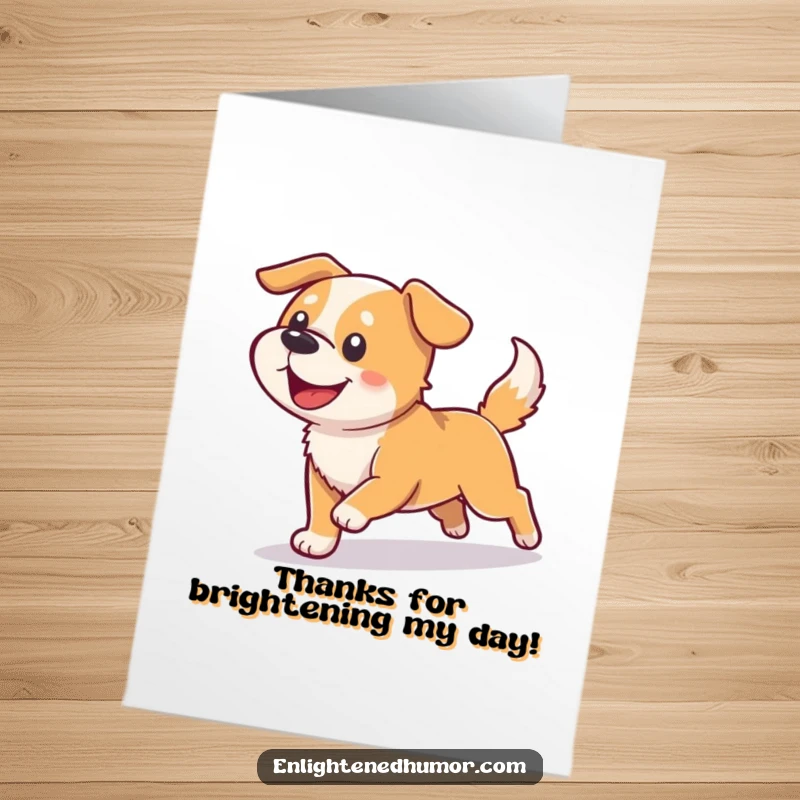 Funny Free Printable Thank You Card: A happy dog chases a shadow that elegantly transforms into a bright, guiding light, expressing thanks.