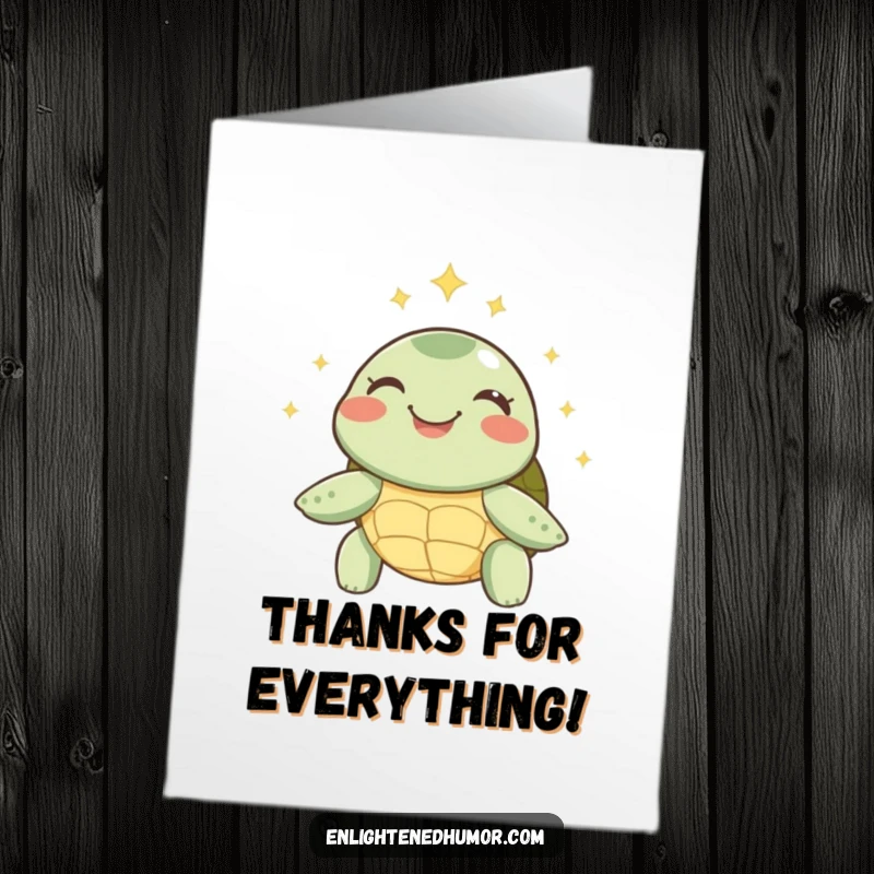 Funny Free Printable Thank You Card: A joyful turtle radiating peace, with a soft halo of sparks, conveying gratitude.