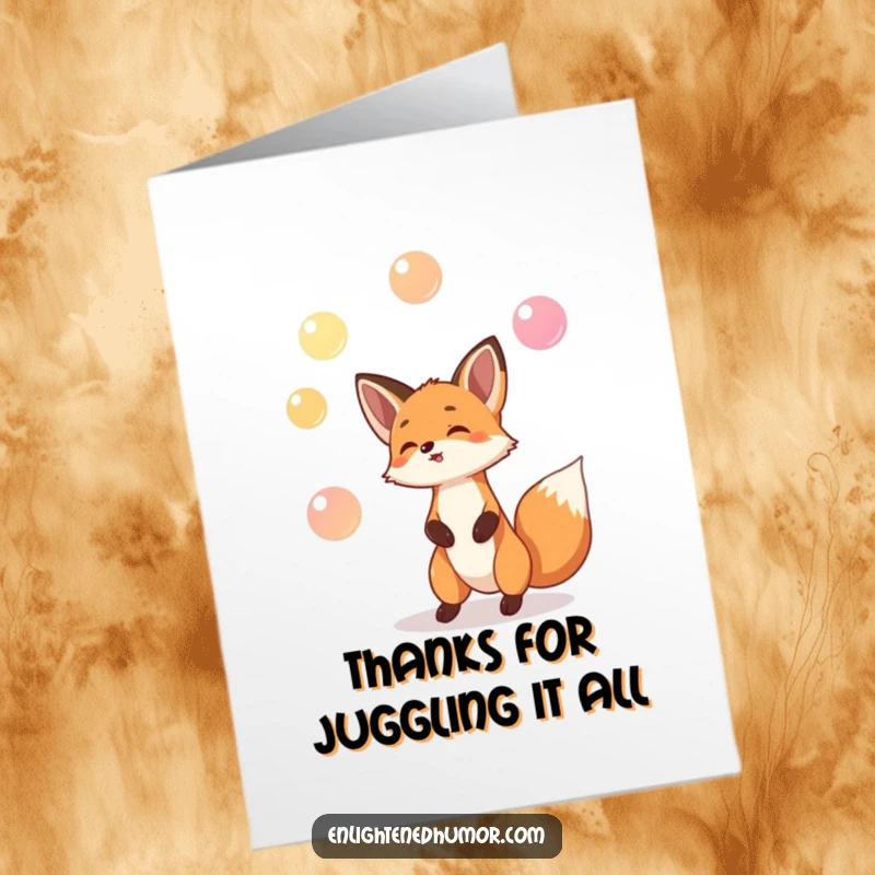 Funny Free Printable Thank You Card: Playful fox juggling glowing orbs, humorously expressing gratitude and fun.