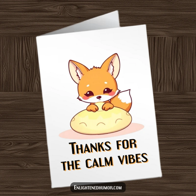 Funny Free Printable thank you card showcasing a curious kawaii fox peeking from a glowing meditation cushion, offering peaceful thanks.