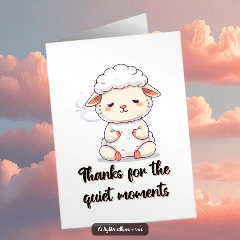 Funny Free Printable Zen Sheep Thank You Card, sheep meditating and exhaling smoke, expressing gratitude with a smile.