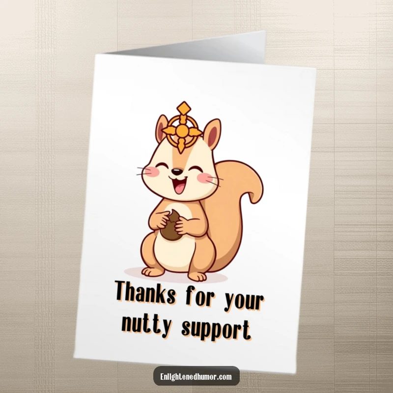 Funny Free Printable thank you card featuring a happy kawaii squirrel offering a nut to a floating spiritual symbol, conveying thanks.