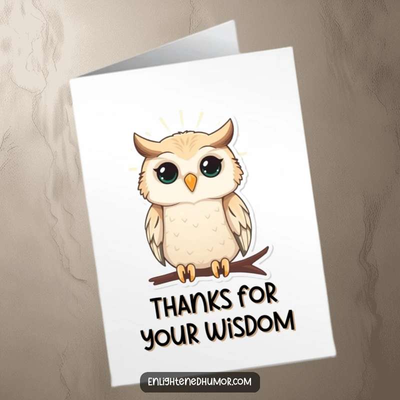 Funny Free Printable Thank You Card featuring a serene owl radiating gentle light, conveying wise and heartfelt gratitude humorously.