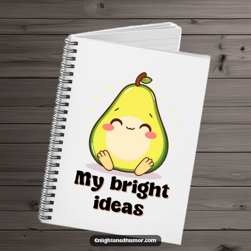 Smiling avocado in a meditative state, radiating a soft glow on the cover of a notebook.