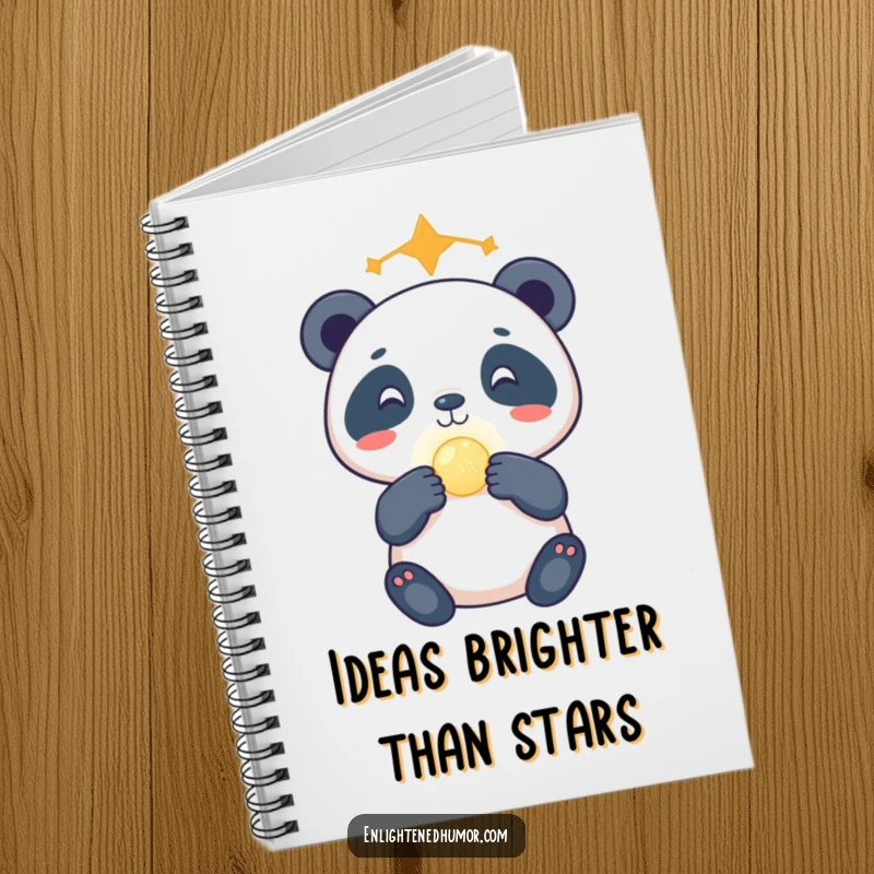 Funny celestial panda notebook cover showing a gleeful panda balancing a tiny glowing orb on its nose, ready to record cosmic musings.