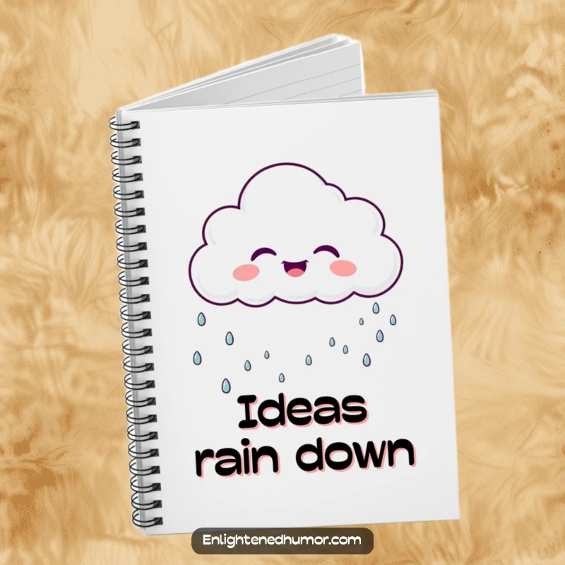 Funny laughing cloud character on a notebook cover, raining gentle, sparkly droplets, a cute and functional funny stationery item.