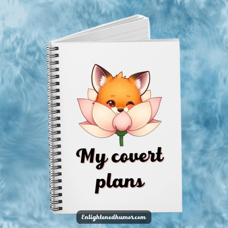 Funny fox notebook cover featuring a curious fox peeking from behind a shimmering lotus flower, symbolizing creativity and playful discovery.