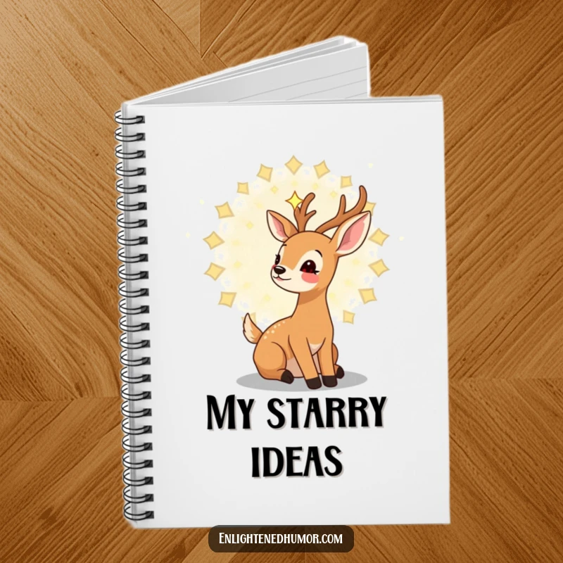 Funny kawaii deer notebook featuring a gentle deer gazing upwards at a swirling mandala of stars, great for journaling dreams.
