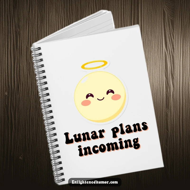Funny smiling round moon character with a halo on a notebook cover, floating upwards, a cute and functional funny stationery item.