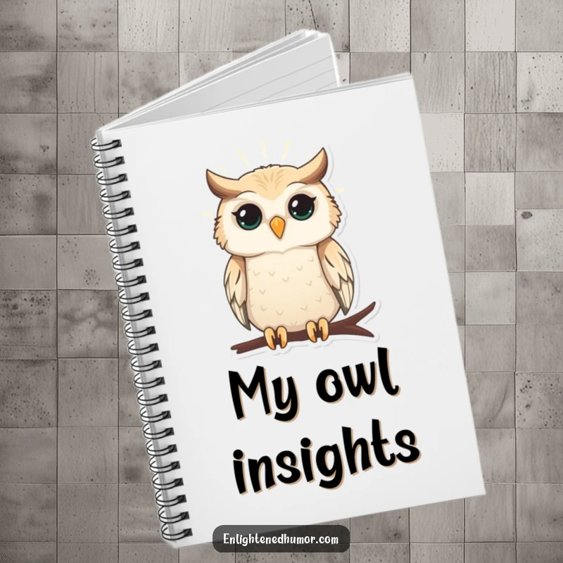 Funny notebook featuring a wise owl radiating gentle light, ideal for journaling insights with a touch of humor.