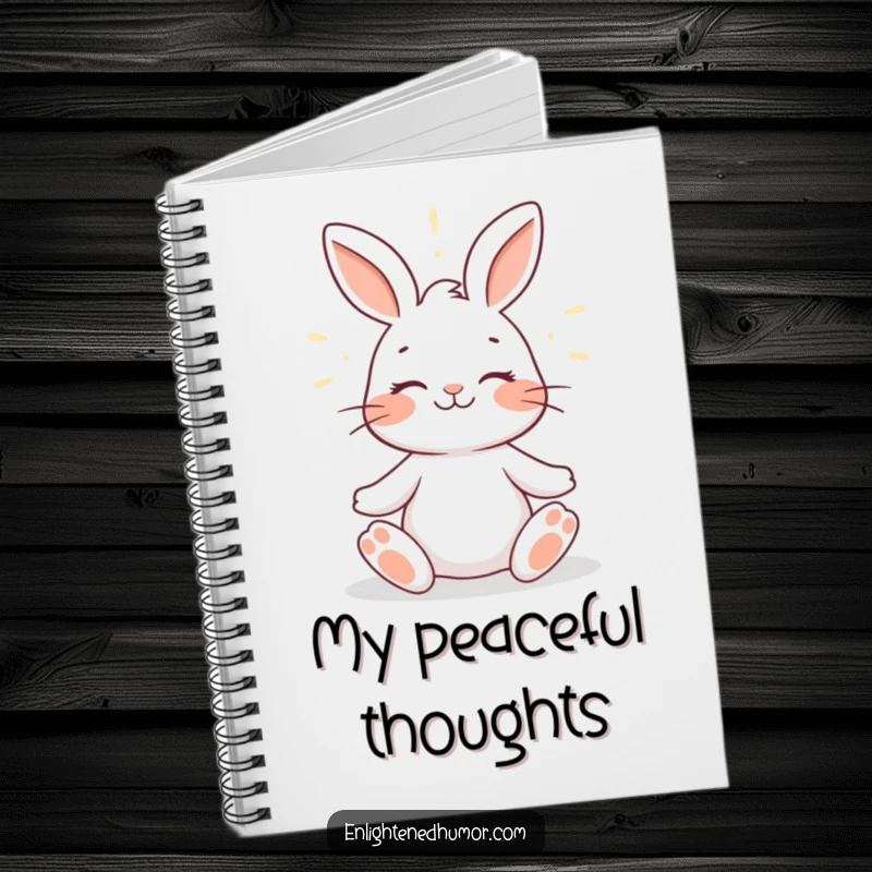 Funny rabbit notebook cover featuring a smiling rabbit meditating with a gentle halo of light, symbolizing peacefulness and creativity.