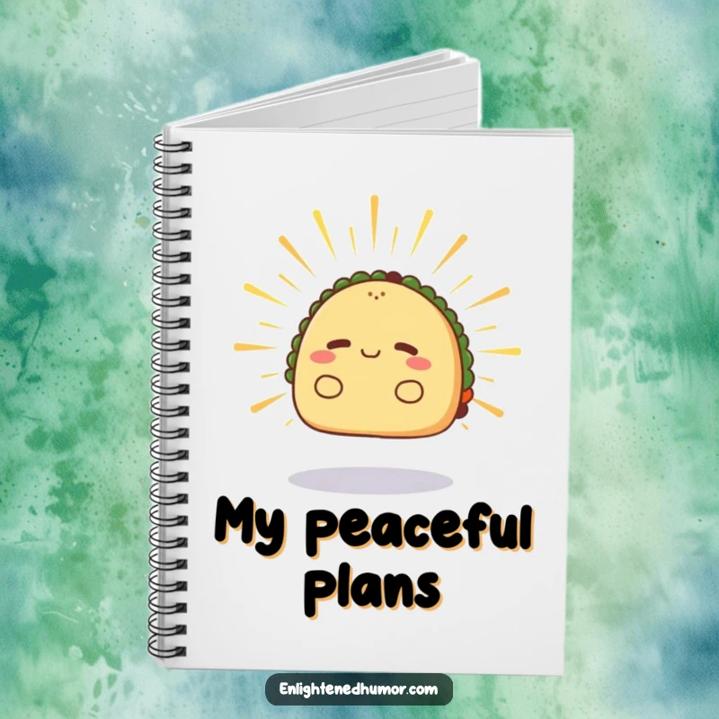 Funny taco notebook, radiant, levitating slightly, radiating calm energy, calm journaling.