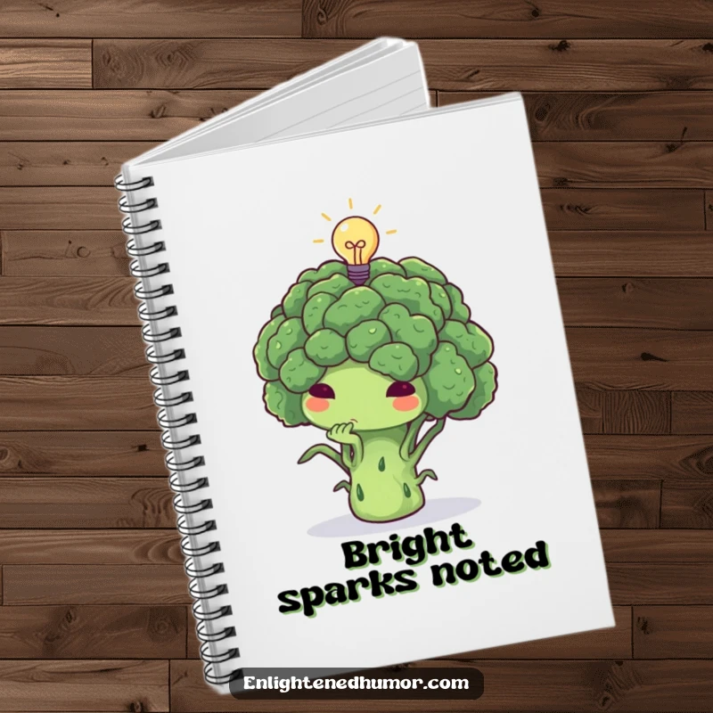 Funny broccoli notebook, thoughtful, deep in thought, tiny lightbulb above, smart journaling.