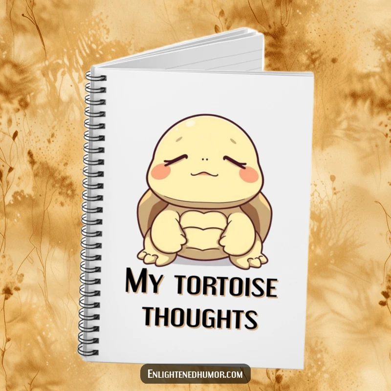 Funny notebook featuring a tortoise in meditation, eyes closed, ideal for journaling peaceful thoughts with a touch of humor.