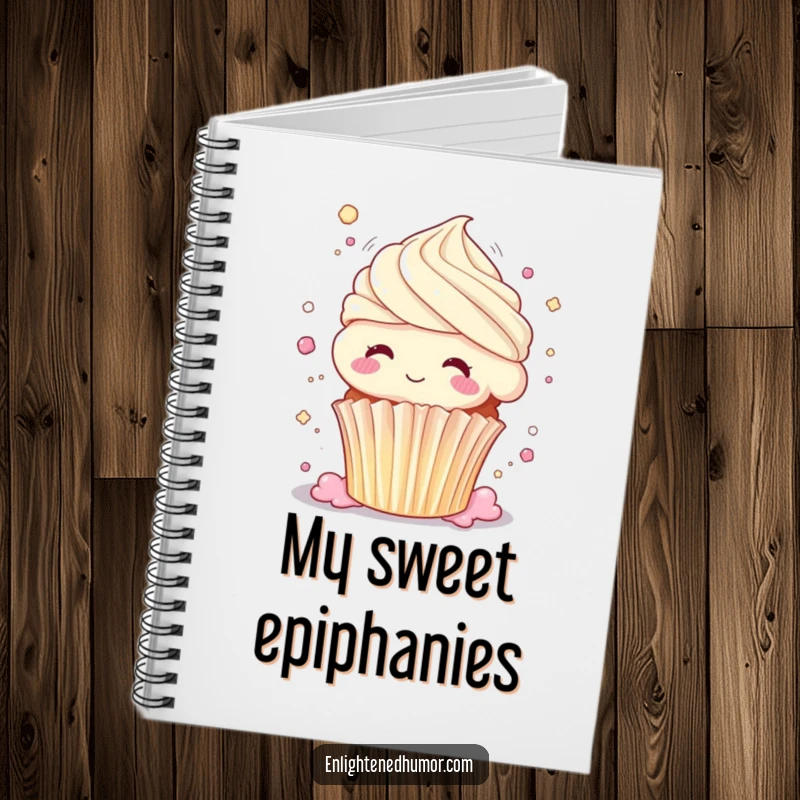 Funny cupcake notebook, dissolving into pure bliss, body shimmering, sweet journaling, humorous stationery.