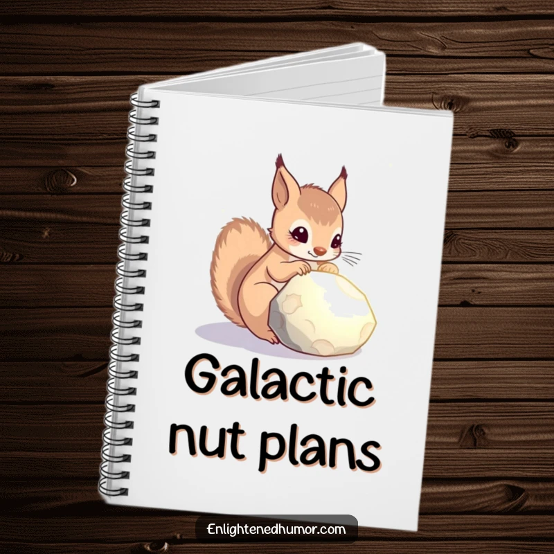 Funny celestial squirrel notebook with a curious squirrel contemplating a glowing stone, ideal for writing, sketching, or journaling.