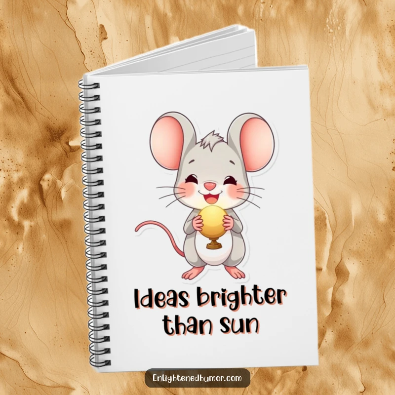 Funny notebook with a cheerful mouse character holding a radiant orb, perfect for jotting down delightful ideas and daily musings.
