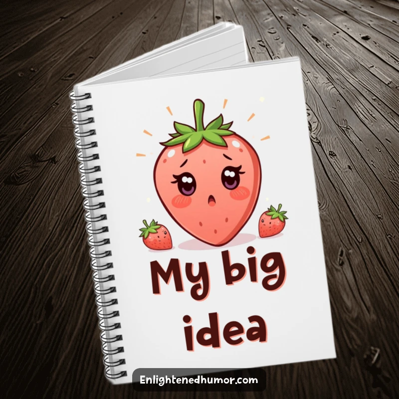 Funny Strawberry Enlightenment Notebook with a surprised strawberry, eyes wide, having a sudden, humorous moment of enlightenment.
