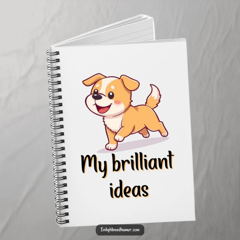 Funny dog notebook cover with a happy dog energetically chasing its shadow, which is transforming into light, great for journaling.