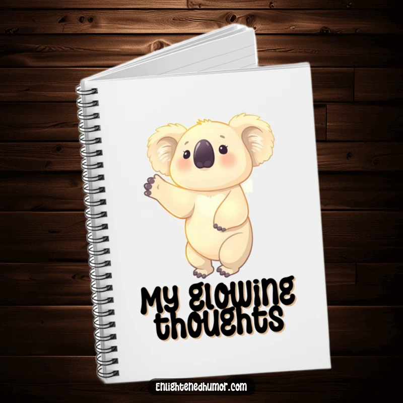 Funny notebook with a glowing koala reaching upwards, surrounded by a soft aura, perfect for capturing inspired ideas and dreams.