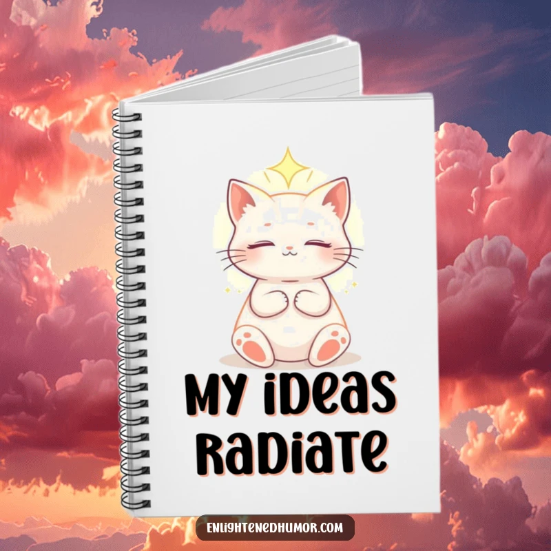 Funny celestial cat notebook cover with an enlightened cat basking in a soft, ethereal light, ready for cosmic musings and deep thoughts.