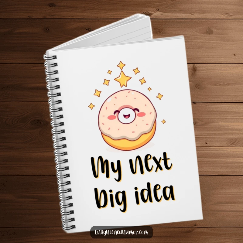 Funny donut notebook, giggling, reaching higher consciousness, surrounded by stars, cosmic journaling.