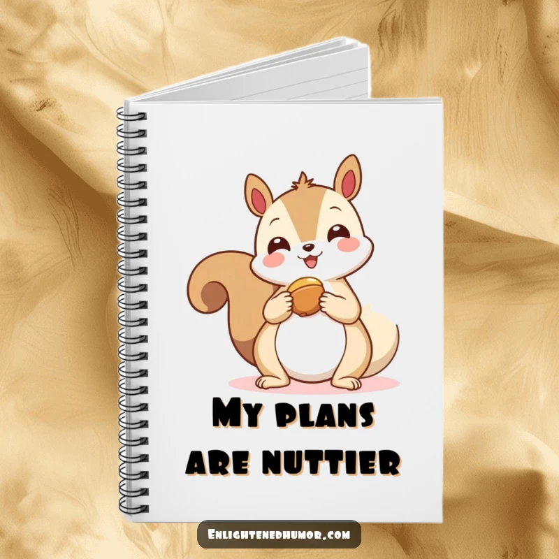 Funny kawaii squirrel spirit notebook shows a happy squirrel offering a nut to a floating spiritual symbol, ready for notes.