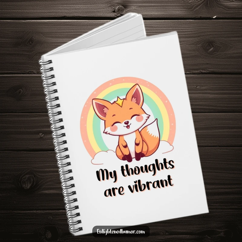 Funny celestial fox notebook cover with a joyful fox peeking from behind a shimmering rainbow, ready to capture cosmic thoughts and doodles.