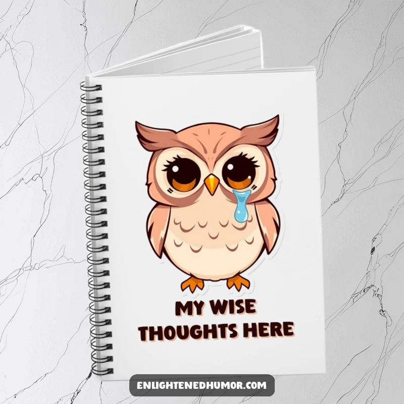 Funny kawaii owl notebook featuring wide, enlightened eyes shedding a tear of joy, perfect for journaling and humorous gifting.