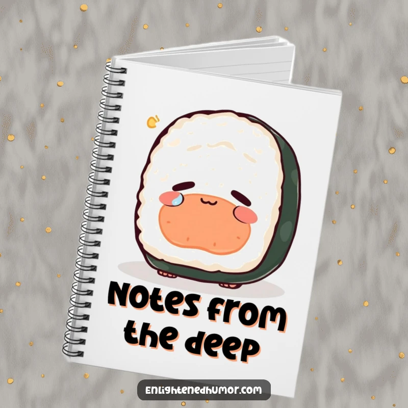 Funny sushi notebook, peaceful, contemplating existence, single tear of joy, deep thought journaling.