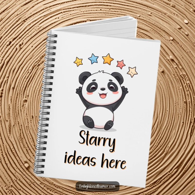 Funny notebook with a playful panda reaching for stars on the cover, great for journaling.