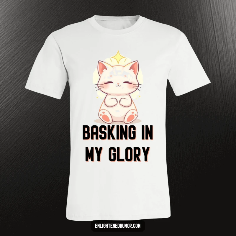 Funny celestial cat t-shirt featuring an enlightened cat basking in a soft, ethereal light, embodying cosmic serenity and feline wisdom.