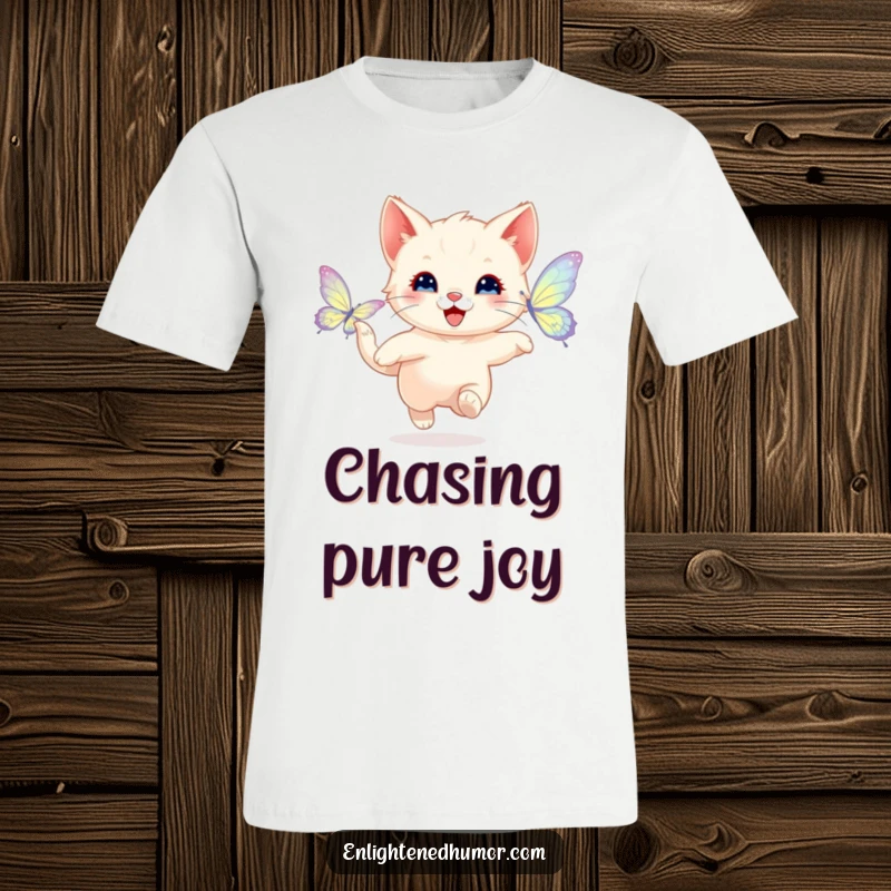 Funny t-shirt with a happy kitten playfully chasing a shimmering butterfly with radiant wings, symbolizing fun and energetic pursuit.