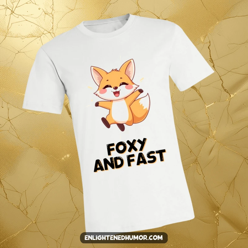 Funny Fox T-Shirt: A playful fox leaping through a curtain of shimmering light, wearing a wide, happy smile.