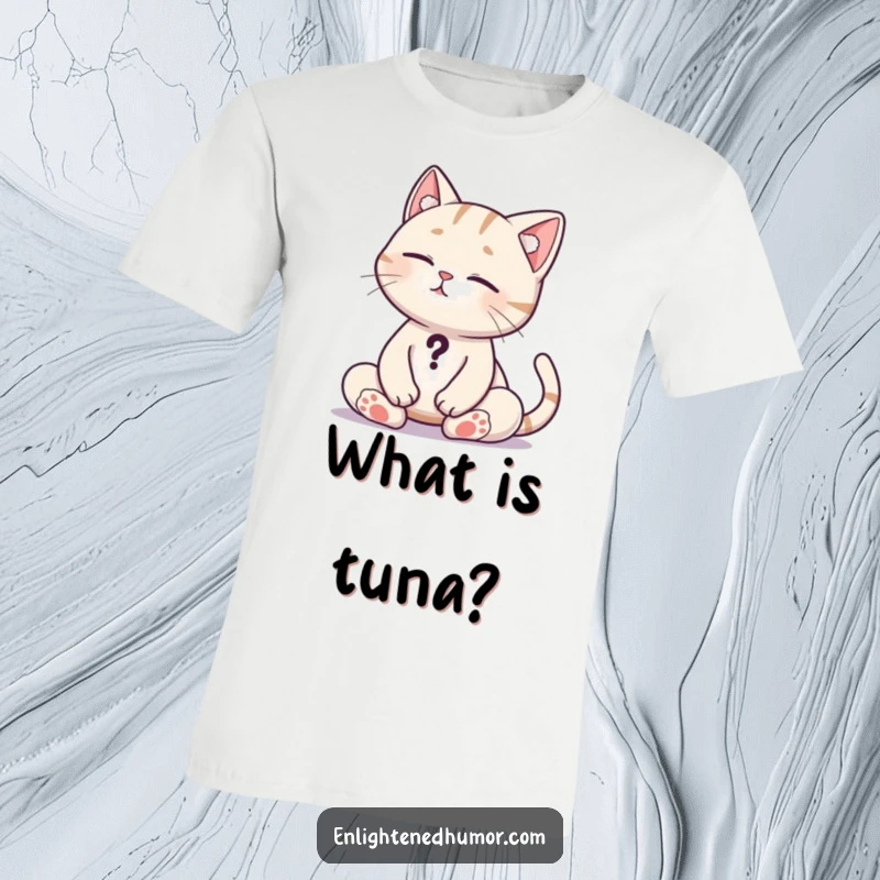 Funny Cat Zen T-Shirt: Meditating cat with a question mark tail, radiating thoughtful humor. Great funny gift for cat lovers.