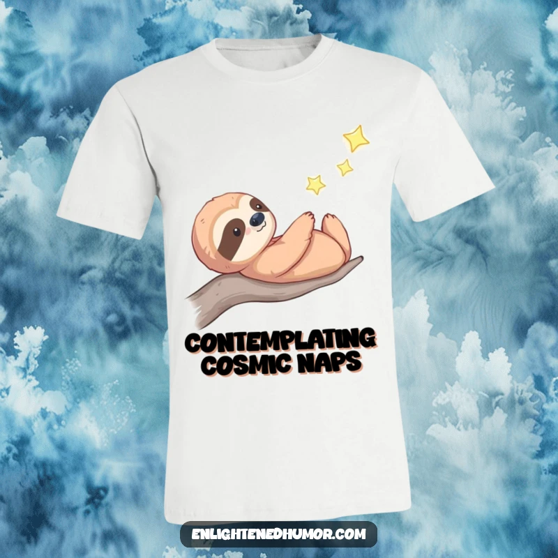 Funny celestial sloth t-shirt featuring a thoughtful sloth gazing upwards at a twinkling star, embodying cosmic contemplation and calm.