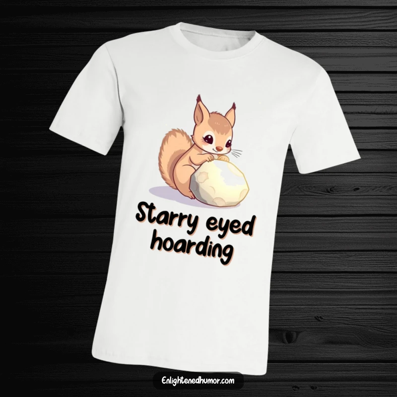 Funny celestial squirrel t-shirt featuring a curious squirrel contemplating a glowing stone, symbolizing cosmic discovery and playful intrigue.