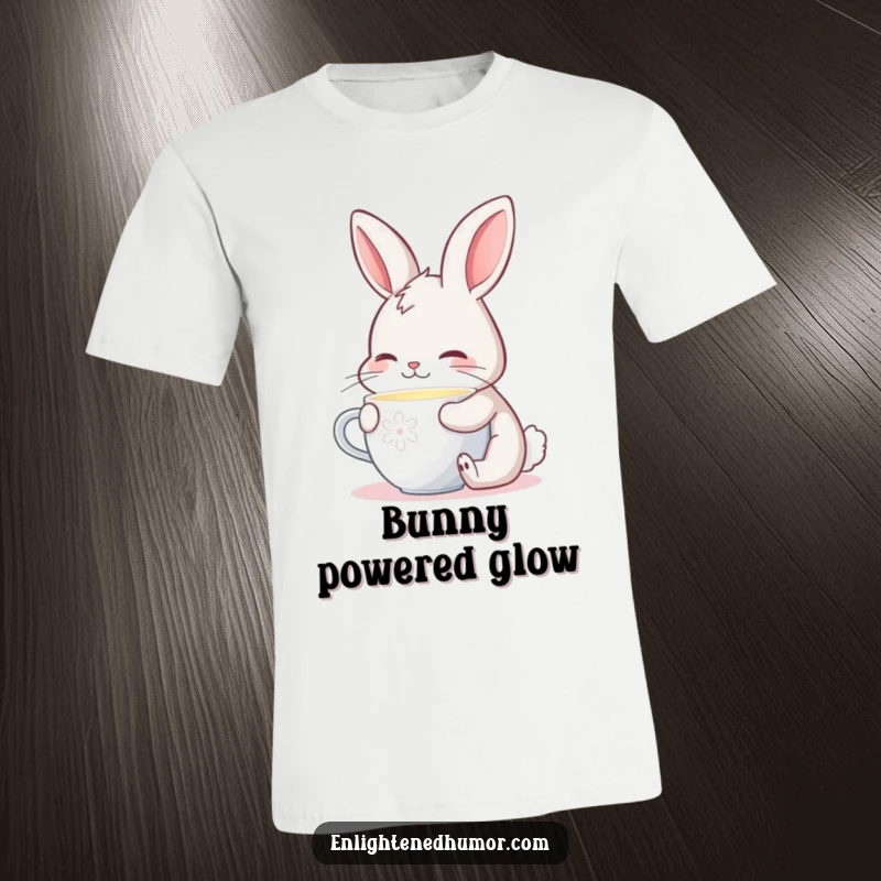 Funny t-shirt showcasing a contented bunny enjoying a sip from a cup radiating a gentle, warm, comforting glow.